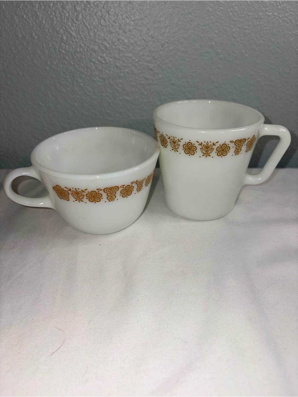Pyrex White Mugs with Gold Floral Band - Pair